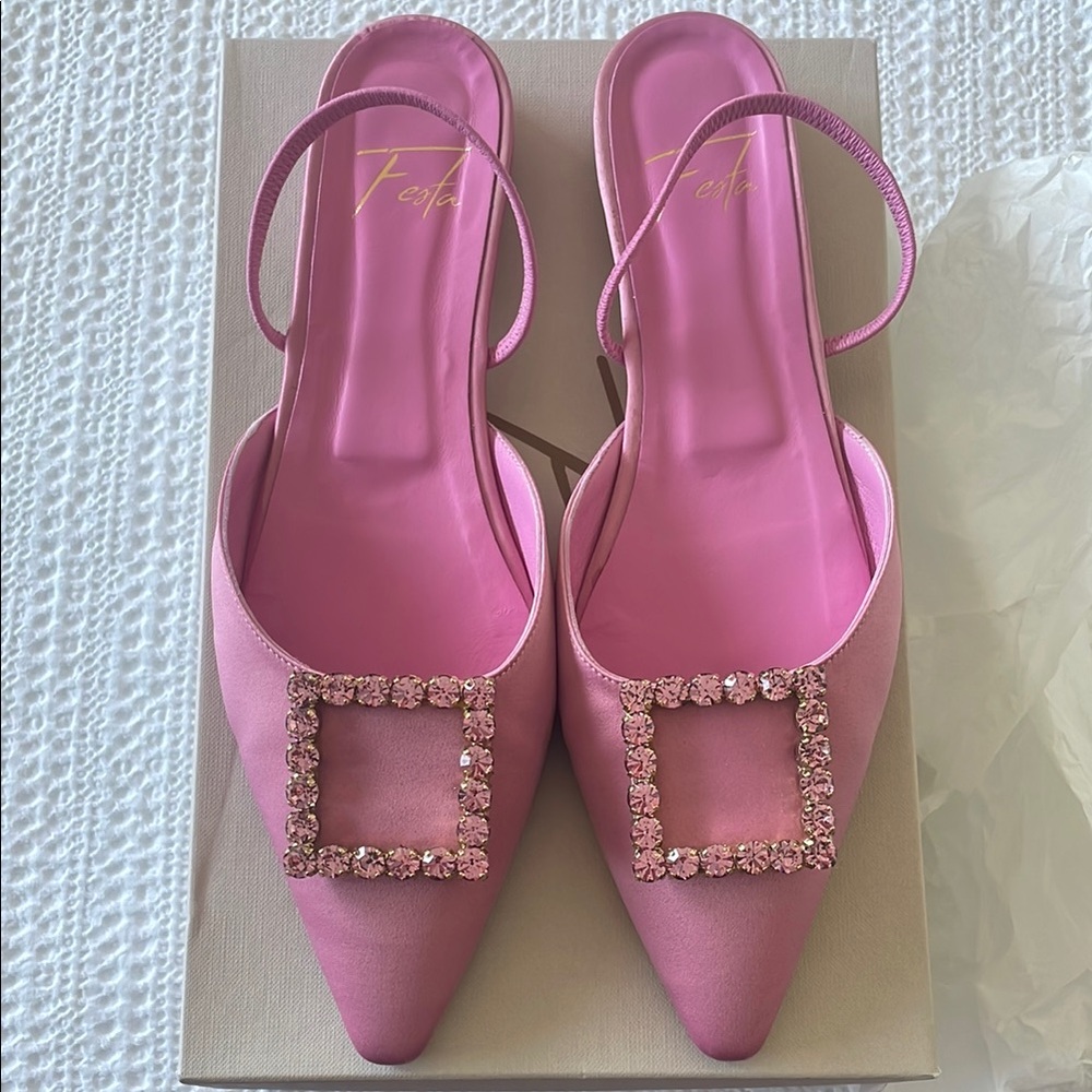 Roberto Festa Pink Satin Slingback Flats Embellished Buckle Made in Italy EU 41